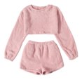 thumbnail image 1 of Women's Flannel Plush Pajama Set Solid Long Sleeve Crewneck Pullover Leisure Blouse Tops and Shorts Set Lounge Set, 1 of 7