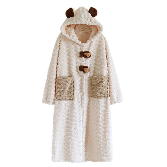 Women's Flannel Robe Fuzzy Terry Cloth Robes Animal Ear Hooded Long Sleeve Soft Plush Bathrobe Cute Fleece Pajamas, Beige, L