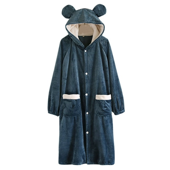 Women's Flannel Robe Fuzzy Terry Cloth Robes Animal Ear Hooded Long Sleeve Soft Plush Bathrobe Cute Fleece Pajamas, Dark Green, L