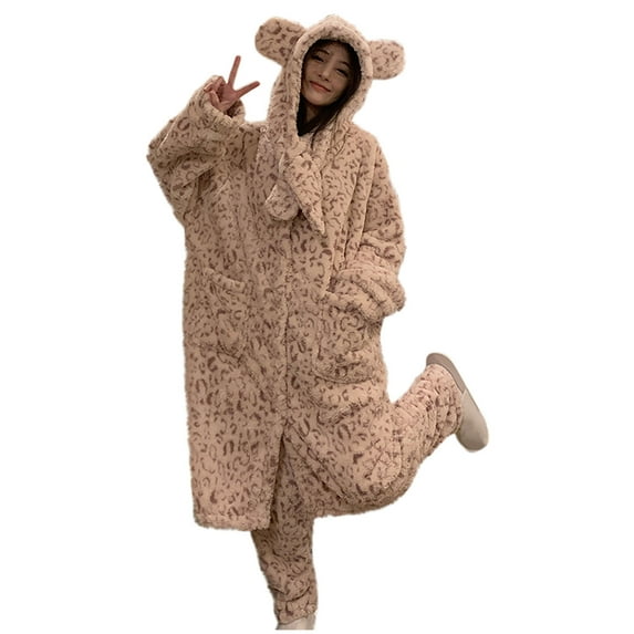 Women's Flannel Robe Fuzzy Terry Cloth Robes Animal Ear Hooded Long Sleeve Soft Plush Bathrobe Cute Fleece Pajamas, Khaki, M