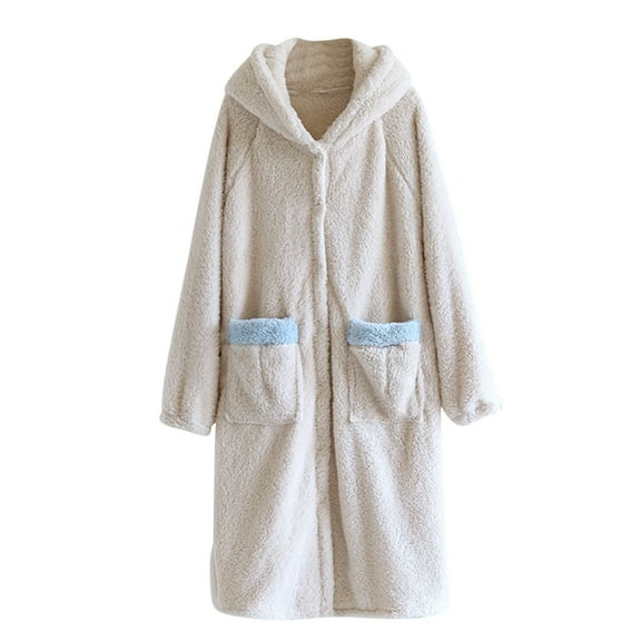 Women's Flannel Robe Fuzzy Terry Cloth Robes Hooded Long Sleeve Soft Plush Bathrobe Cute Fleece Pajamas Sleepwear, Beige, M
