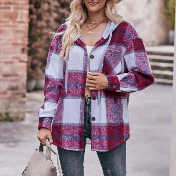 Women's Flannel Shirt Casual Hooded Plaid Button Down Hoodie Jacket,2024 Winter Classic Long Sleeve Drawstring Single Breasted Cardigan Tops with Front Breast Pockets