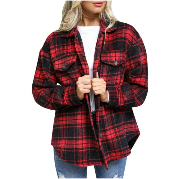 Women's Flannel Shirts Plaid Shacket Jacket Long Sleeve Button Down Lapel Fashion Blouse Coats with Pockets Fall Clothes
