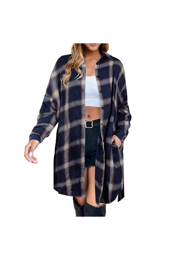 Women's Flannel Shirts Plaid Shacket Long Sleeve Button down Lapel Collar Long Jacket Coats with Pocket (XXL, Navy)