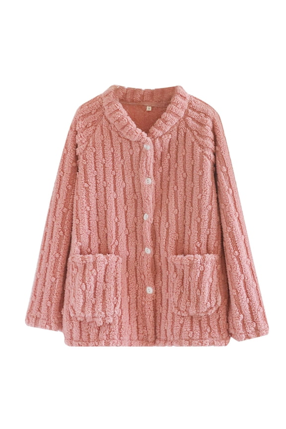 Women's Flannel Single Piece Top, Coral Fleece Oversized Cardigan for Autumn Winter Season, Warm Plus Size Loungewear, Home Clothes, Sleepwear and Casual Comfort Wear Pink M