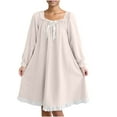 thumbnail image 1 of Women's Flannel Sleep Dress Cute Long Sleeve Ruffle Bow Lapel Collar Knee Length Nightgown White-1 XL, 1 of 6