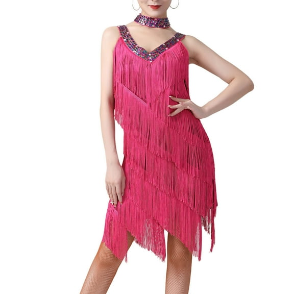 Women's Flapper Dress Sequin Sleeveless Tassel V Neck Dresses Side Split Ballroom Dance Costume Party Cocktail Gowns Hot Pink Free Size