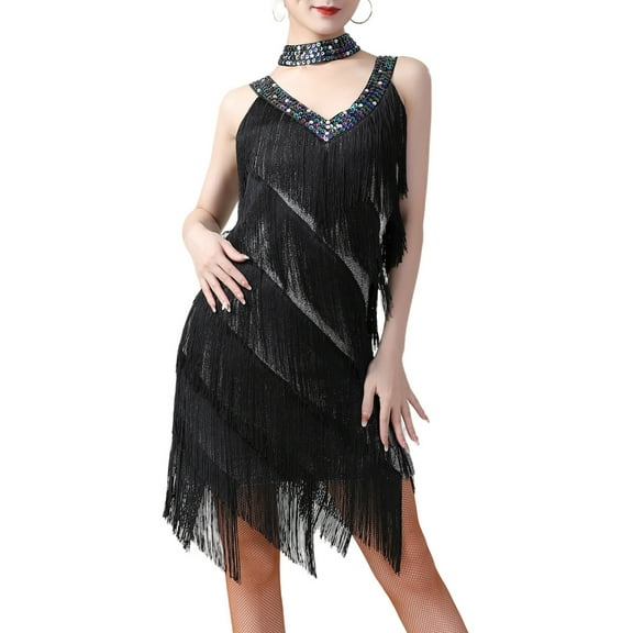 Women's Flapper Dress Sequin Sleeveless Tassel V Neck Dresses Side Split Ballroom Dance Costume Party Cocktail Gowns Silver Free Size