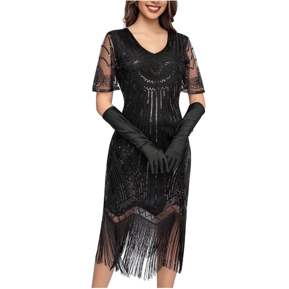 Women's Flapper Dresses 1920s Vintage Sequin Tassel Midi Short Sleeve Fringed Elegant Formal Dress Black M