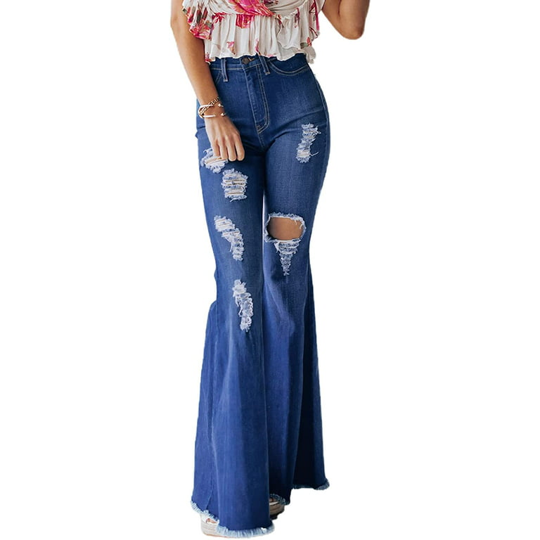 Women's Flare Bell Bottom Jeans Destroyed Flare Denim Pants 70s Outfits for  Women High Waist Hole Ripped Bell Jeans