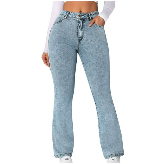 Women's Flare Bell Bottom Jeans Plus Size Ndbuld Women's Embroidered Pocket Low Rise Skinny Denim Pants Blue XL