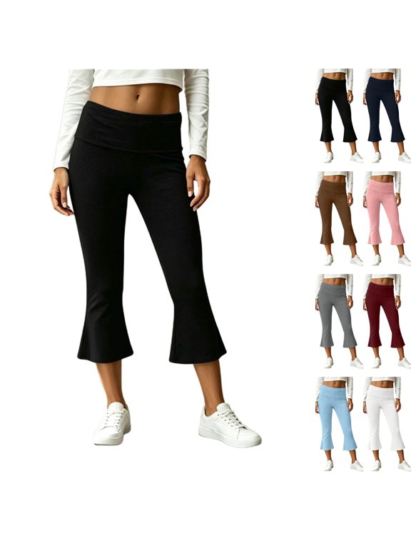 Women's Flare Capri Leggings Fold Over High Waisted Bootcut Yoga Pants Slim Fit Soft Capris Workout Lounge Legging Black M