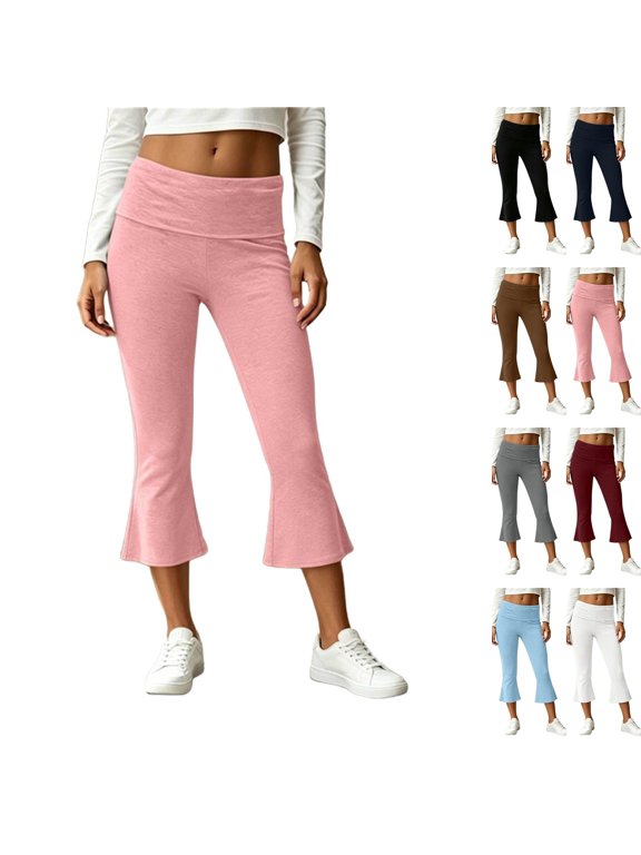 Women's Flare Capri Leggings Fold Over High Waisted Bootcut Yoga Pants Slim Fit Soft Capris Workout Lounge Legging Pink L