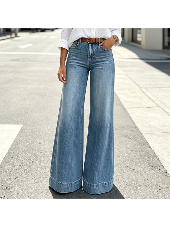 Women's Flare Denim Jeans, Cuffed Hem Detail, Button‑Zip Fly, Side Pockets, Retro Silhouette, Light‑washed Denim for Everyday Looks, Jeans for Women Blue M