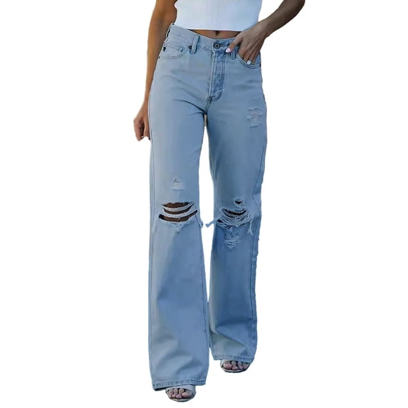 Women's Flare Denim Jeans with Hole Waist and Ripped Design, Polyester Material, for Casual and Party Occasions