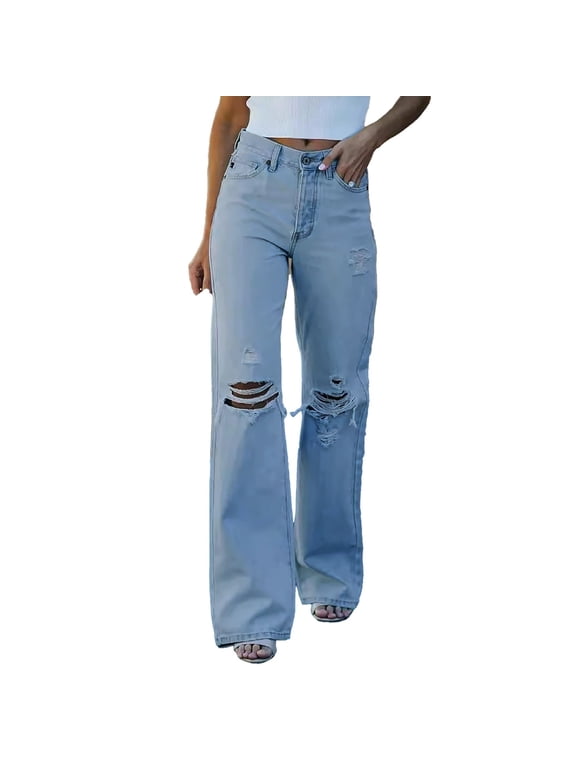 Women's Flare Denim Jeans with Hole Waist and Ripped Design, Polyester Material, for Casual and Party Occasions