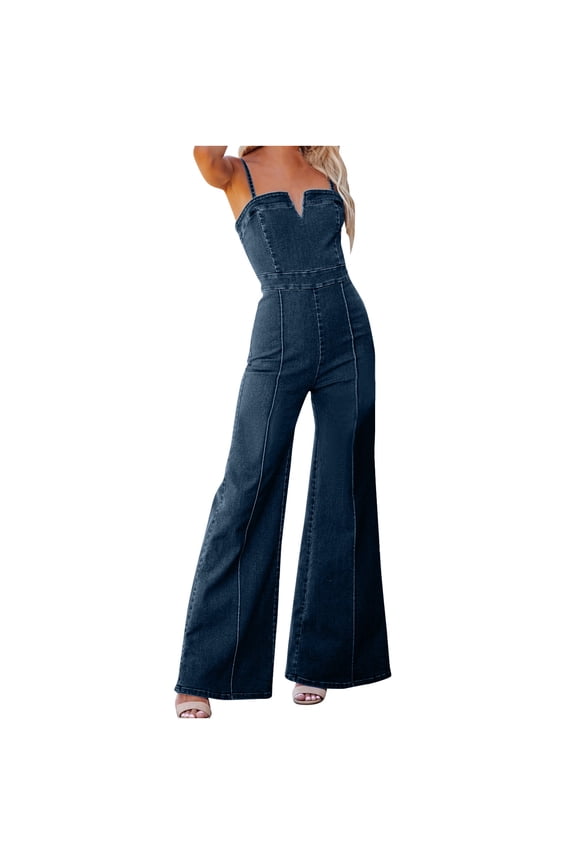 Women's Flare Denim Jumpsuits Vintage Distressed Adjustable Strap Stretchy Sleeveless One Piece Jeans Pants Rompers