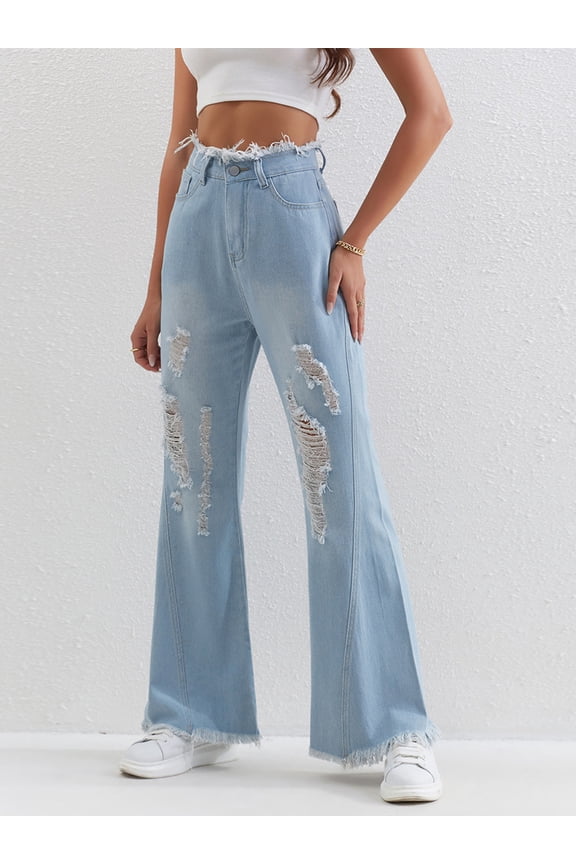 Women's Flare Jeans, Distressed Ripped Raw Edge Denim Pants, Trendy Casual Bootcut Jeans