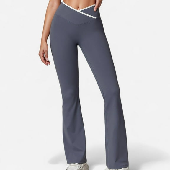 Women's Flare Leg Yoga Pants with Crossover High Waistband and Four-Way Stretch Fabric - Medium, Gray