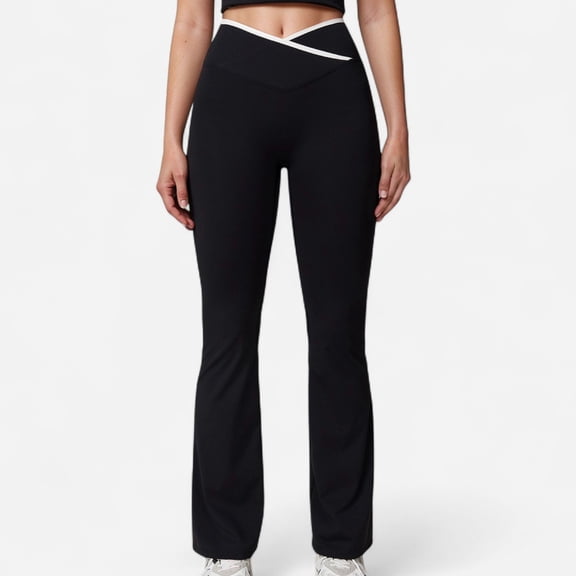 Women's Flare Leg Yoga Pants with Crossover High Waistband and Four-Way Stretch Fabric - Small, Black