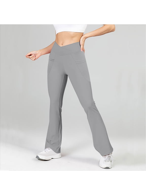 Women's Flare Leggings Crossover Yoga Pants High Waist Bell Bottom Pants For Women With Pockets Gray M