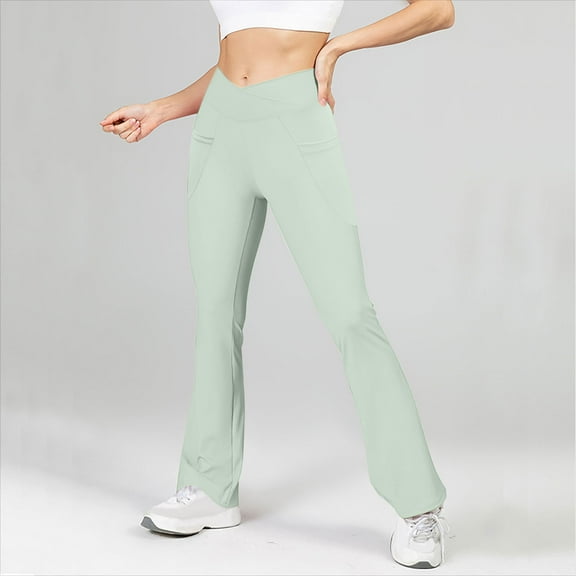 Women's Flare Leggings Crossover Yoga Pants High Waist Bell Bottom Pants For Women With Pockets Mint Green XL