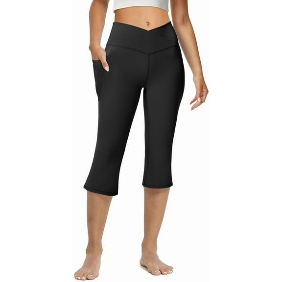 Women's Flare Leggings with Pockets-Crossover High Waisted Bootcut Yoga Pants-Tummy Control Bell Bottom Leggings