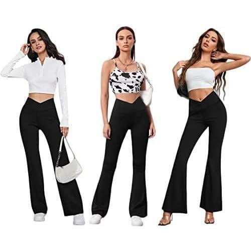 Women's Flare Leggings with Pockets-Crossover High Waisted Bootcut Yoga Pants-Tummy Control Bell Bottom Leggings
