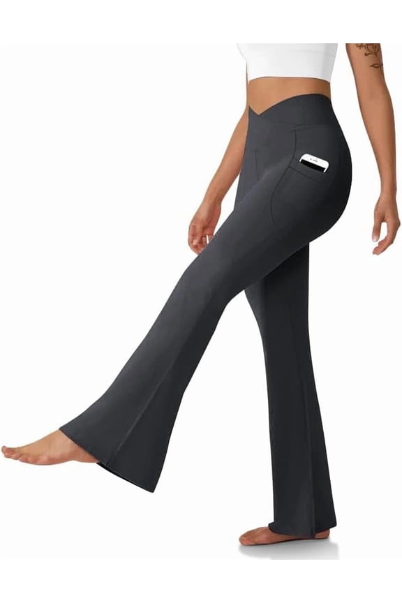Women's Flare Leggings with Pockets-Crossover High Waisted Bootcut Yoga Pants-Tummy Control Bell Bottom Leggings