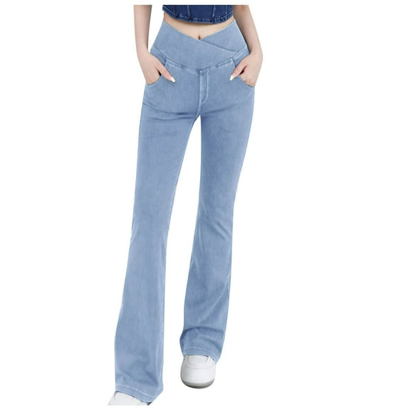 Women's Flare Leggings with Pockets Crossover High Waisted Solid Color Yoga Pants Casual Fashion Bell Bottom Trousers (Light Blue,XL)