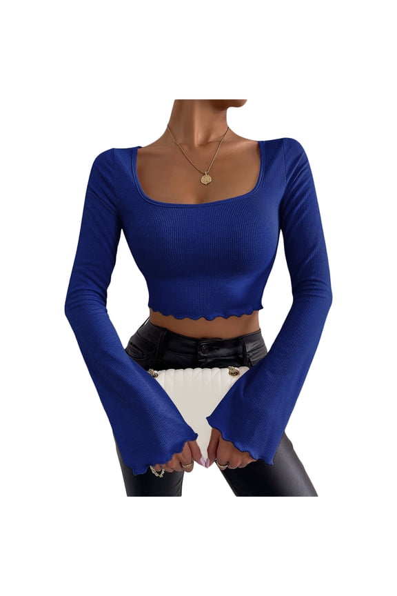 Women´s Flare Long Sleeve Crop Tops, Solid Color Ribbed Square Neck Lettuce Hem Show Navel T-Shirts
