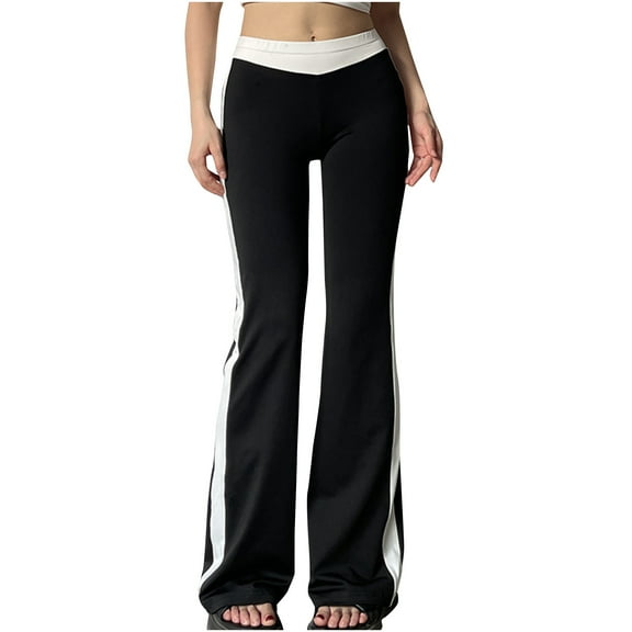 Women's Flare Pants Color Block Slimming High Waisted Trousers Slim Leg Elastic Waist 2024 Fashion Casual Pants, Black, L