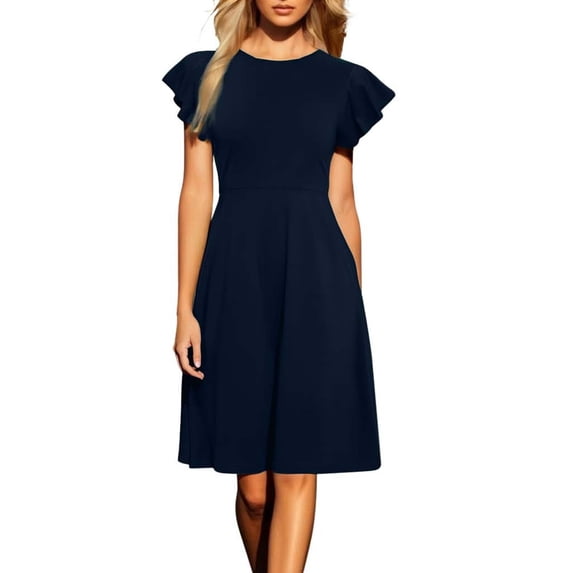 Women's Flare Ruffle Short Sleeves Dresses Work V-Back Cocktail Semi Formal A Line Dress 2025 Beach Flowy Dresses