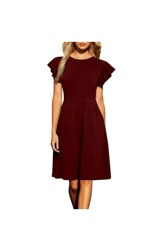 Women's Flare Ruffle Short Sleeves Dresses Work V-Back Cocktail Semi Formal A Line Dress 2025 Beach Flowy Dresses