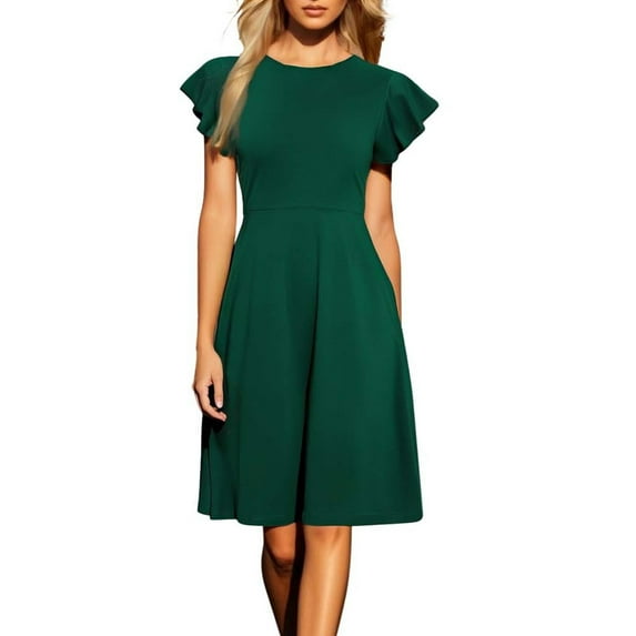 Women's Flare Ruffle Short Sleeves Dresses Work V-Back Cocktail Semi Formal A Line Dress 2025 Beach Flowy Dresses