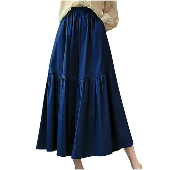 Women's Flare Wide Leg Palazzo Pants Loose Solid Elastic Waist High Waist Summer Casual Pleated and Flowy Dress Pants Free Size(Free Size,Blue)