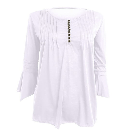 Women's Flared 3/4 Sleeve Shirts Solid Round Neck Tunic Tops Pleated T-Shirt Button Decoration Bottoming Blouse