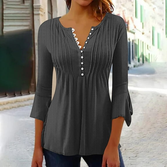 Women's Flared 3/4 Sleeve Tunic Tops V-Neck Button Up Floral Blouse Summer Hide Belly Casual Pleated Basic Pullover Gray L