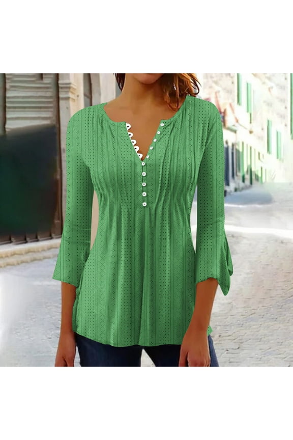 Women's Flared 3/4 Sleeve Tunic Tops V-Neck Button Up Floral Blouse Summer Hide Belly Casual Pleated Basic Pullover Green M