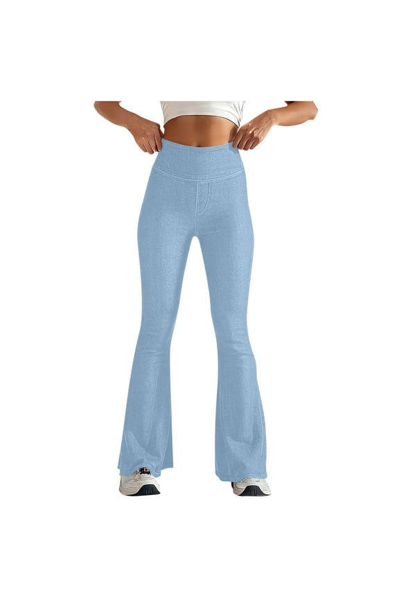 Women's Flared Denim-Look Leggings - Slim Fit High Waist Jeggings Stretch Pants Bootcut Trousers with PocketsLong Flare Leggings For Women Tall