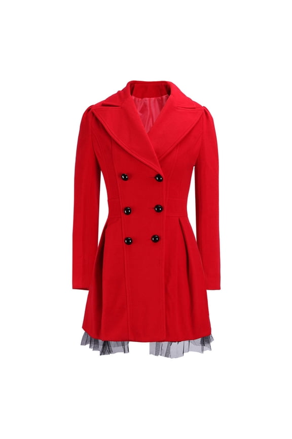 Women's Flared Double-Breasted Trench Coat - Long Lapel Peacoat Outerwear, Red, XL