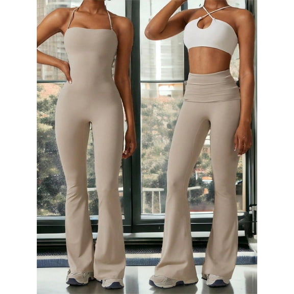 Women's Flared Halter Neck Jumpsuit Convert to High Waist Flared Yoga Pants- Medium, Tan