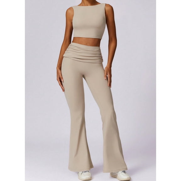 Women's Flared High Waist Pants and Cropped Tank Top Activewear Set - Large, Beige