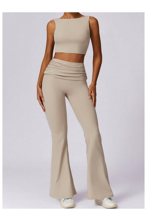 Women's Flared High Waist Pants and Cropped Tank Top Activewear Set - X Large, Beige