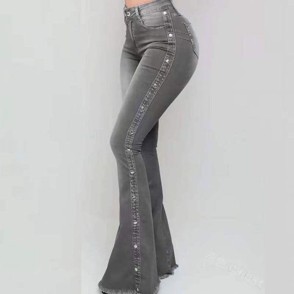 Women's Flared Jeans, High-Waist Stretch French-Style Jeans, Loose-Leg Buttoned Denim Pants, Flared Denim Jeans (S-5XL) grey 4XL