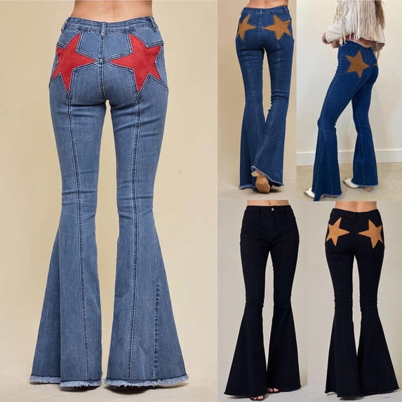 Women's Flared Jeans with Star Patches Frayed Hems Button Fly Casual Loose Solid Color Trousers Pants Bottoms Zipper Pockets Long Leg Streetwear | Aestivo,Dark Blue M