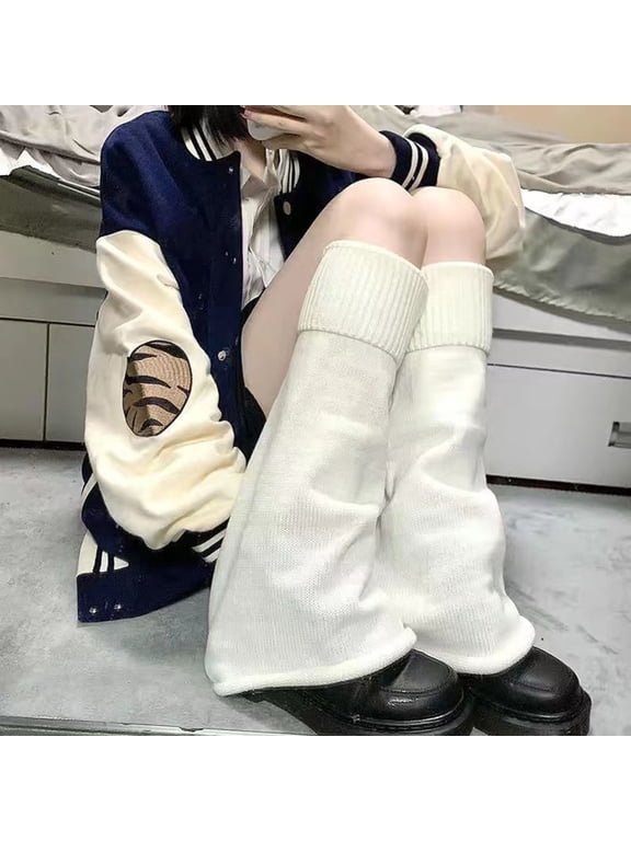 Women's Flared Knit Leg Warmers, Bell-Bottom Style Boot Socks with Elastic Cuffs, Striped Slouchy Leg Sleeves for Dance, Fashion, and Student Style, 1 Pair Soft Stretchable Leg Warmers - White