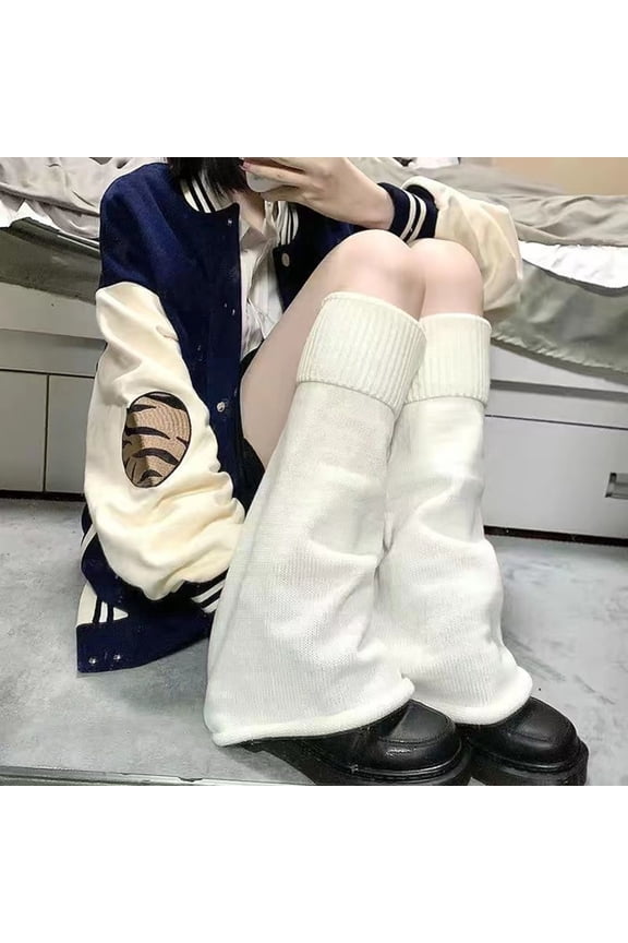 Women's Flared Knit Leg Warmers, Bell-Bottom Style Boot Socks with Elastic Cuffs, Striped Slouchy Leg Sleeves for Dance, Fashion, and Student Style, 1 Pair Soft Stretchable Leg Warmers - White