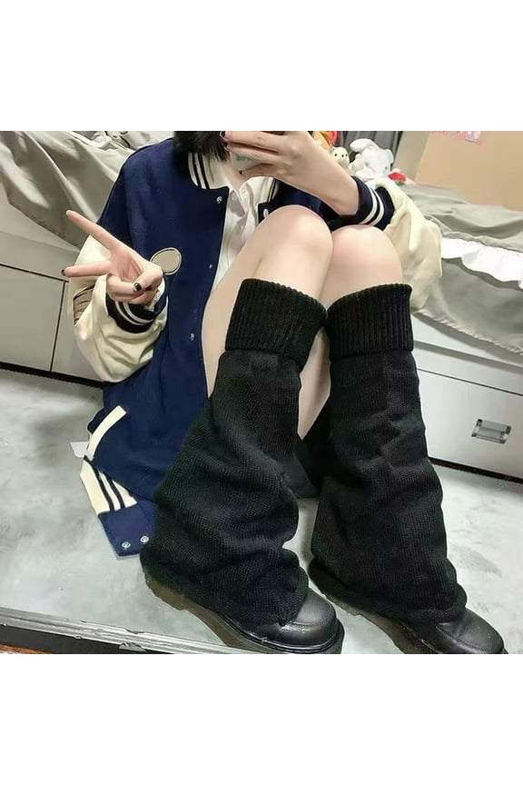 Women's Flared Knit Leg Warmers, Bell-Bottom Style Boot Socks with Elastic Cuffs, Striped Slouchy Leg Sleeves for Dance, Fashion, and Student Style, 1 Pair Soft Stretchable Leg Warmers - Black