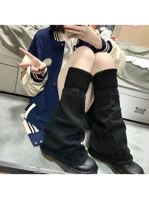Women's Flared Knit Leg Warmers, Bell-Bottom Style Boot Socks with Elastic Cuffs, Striped Slouchy Leg Sleeves for Dance, Fashion, and Student Style, 1 Pair Soft Stretchable Leg Warmers - Black